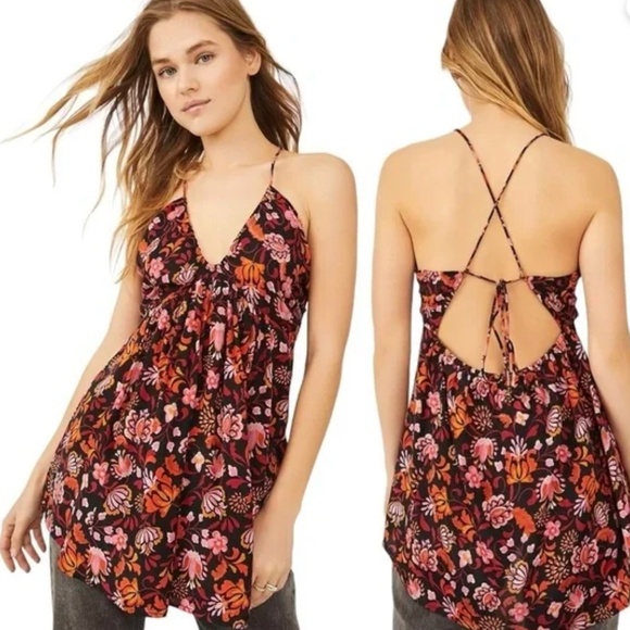 Free People Bohemian Gypsy Floral Halter Tunic Dress Beach Cover Up Bells XL - Picture 2 of 7